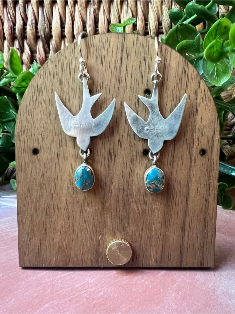 925 Sterling Silver Kingman Turquoise Sparrow Dangle Earrings Southwestern
